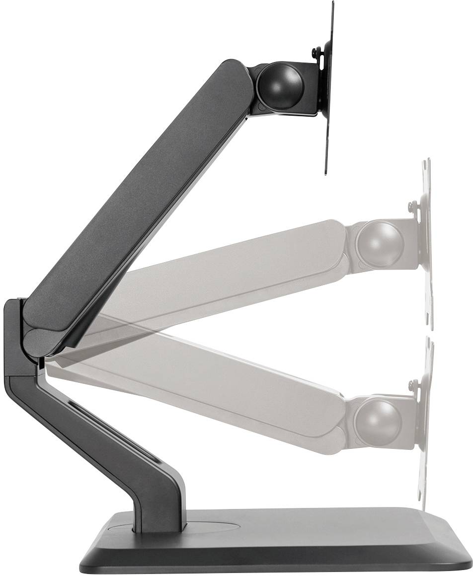 An adjustable monitor arm with joints demonstrates two different height positions to enable flexible screen placement.