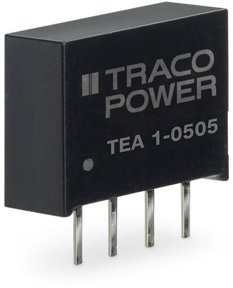Black-grey TRACO POWER TEA 1-0505 voltage converter with four metal pins, used for converting voltages in electronic devices.