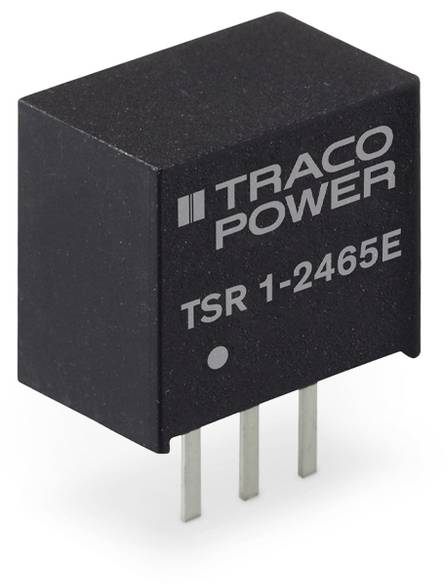 A compact voltage regulator with the inscription 'TRACO POWER TSR 1-2465E' and three connection pins shows a technical component for electronic circuits.