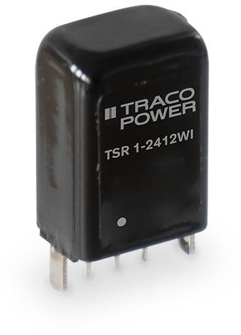 Black Traco Power TSR 1-2412WI voltage converter with three silver terminals underneath, for electronic applications.