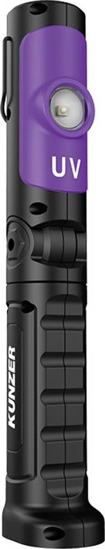 A black torch with a violet housing element, LED light, and the inscription 'UV'. Suitable for use in workshops.