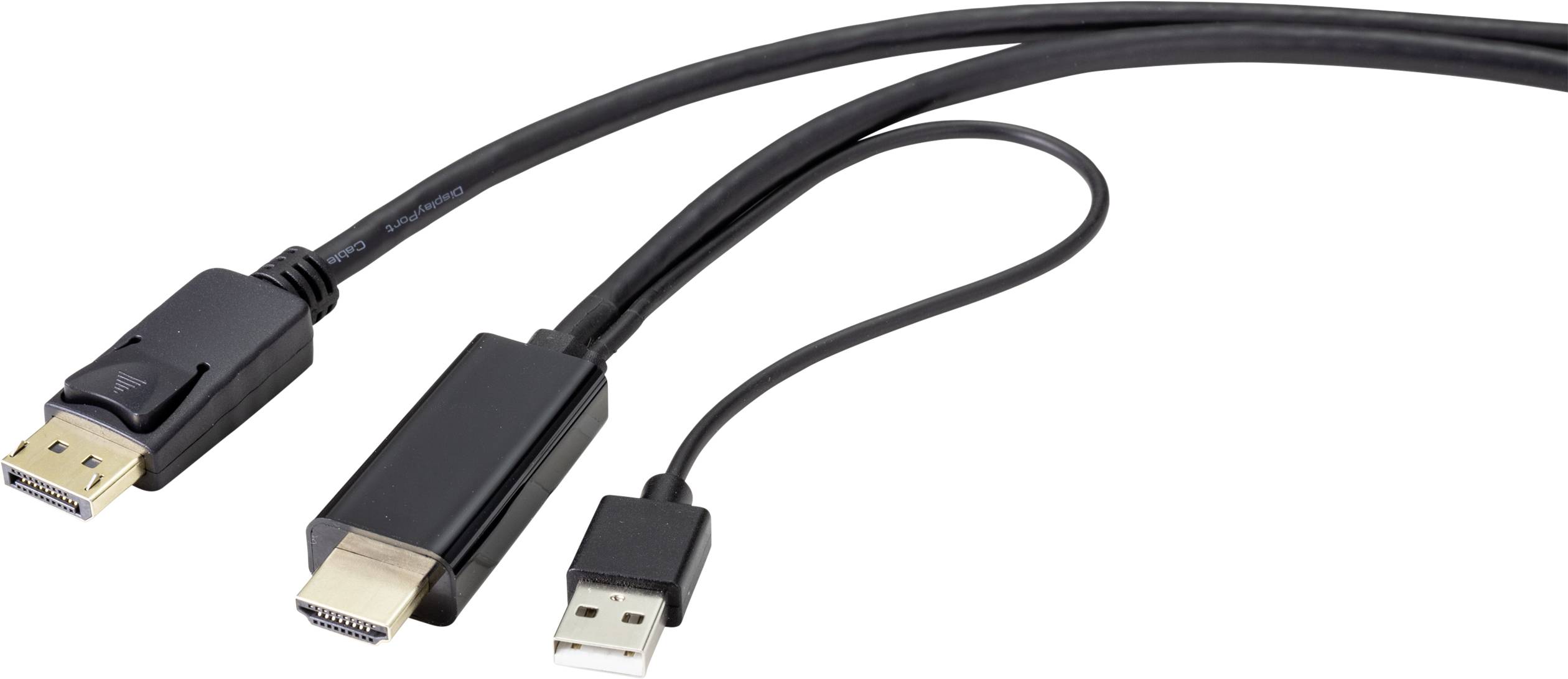Three cables with different connectors: DisplayPort, HDMI and USB-A, which transmit audio and video signals or data.
