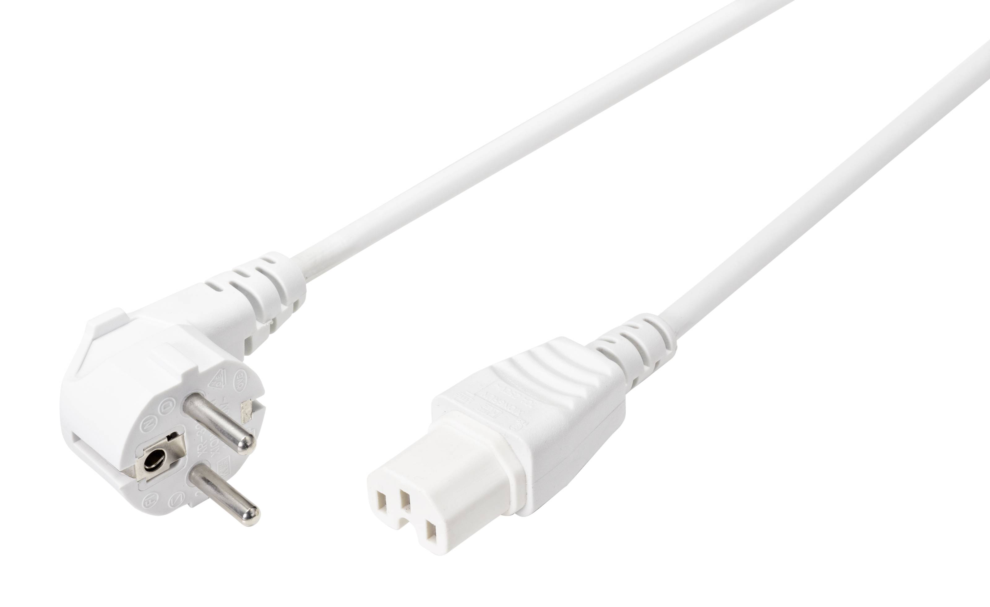 Two white electrical plugs, one with round earthing contacts, one with a rectangular connection; connects devices to power sources.