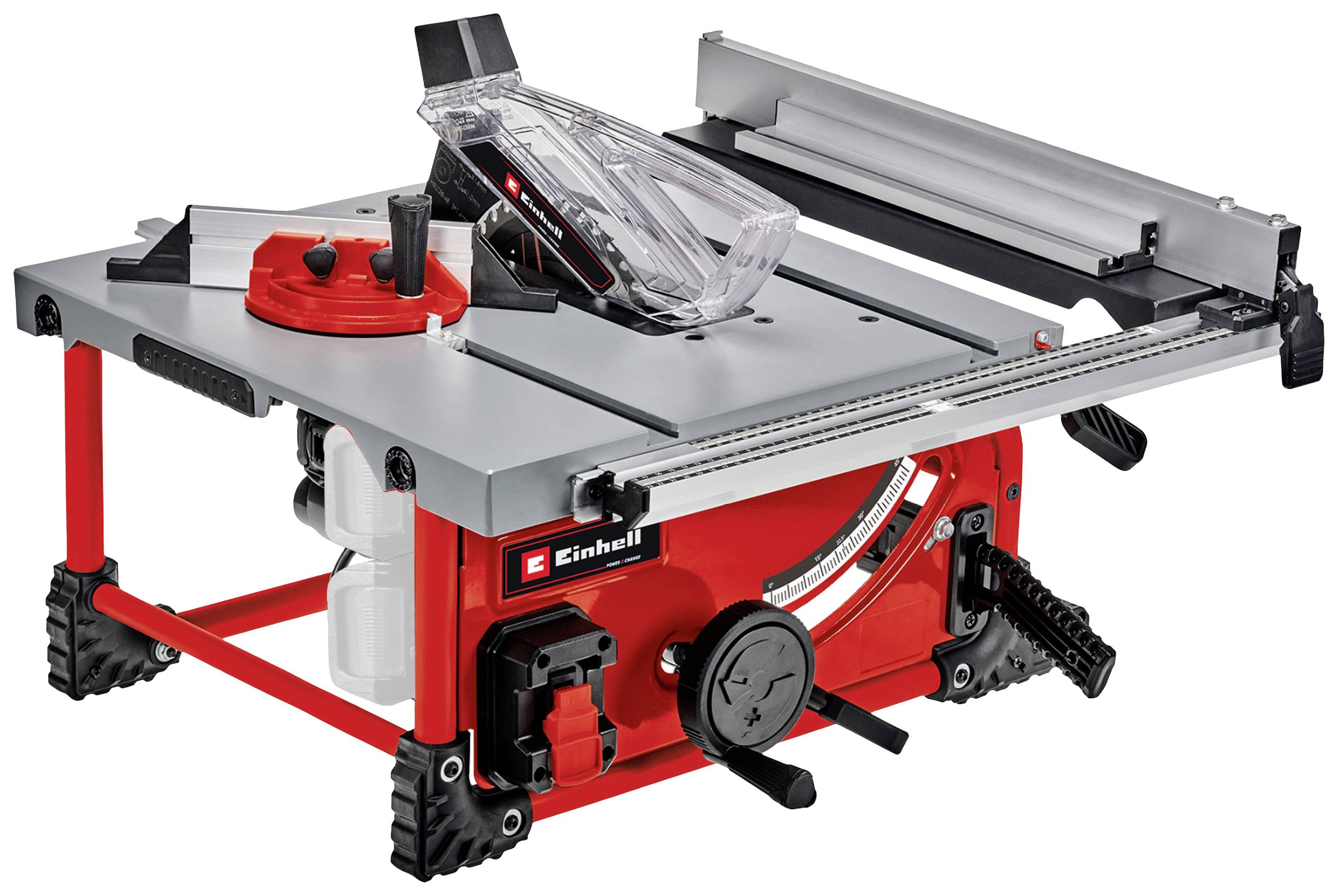 A red circular table saw with a grey work table, mitre gauge, parallel guide, and transparent blade guard.