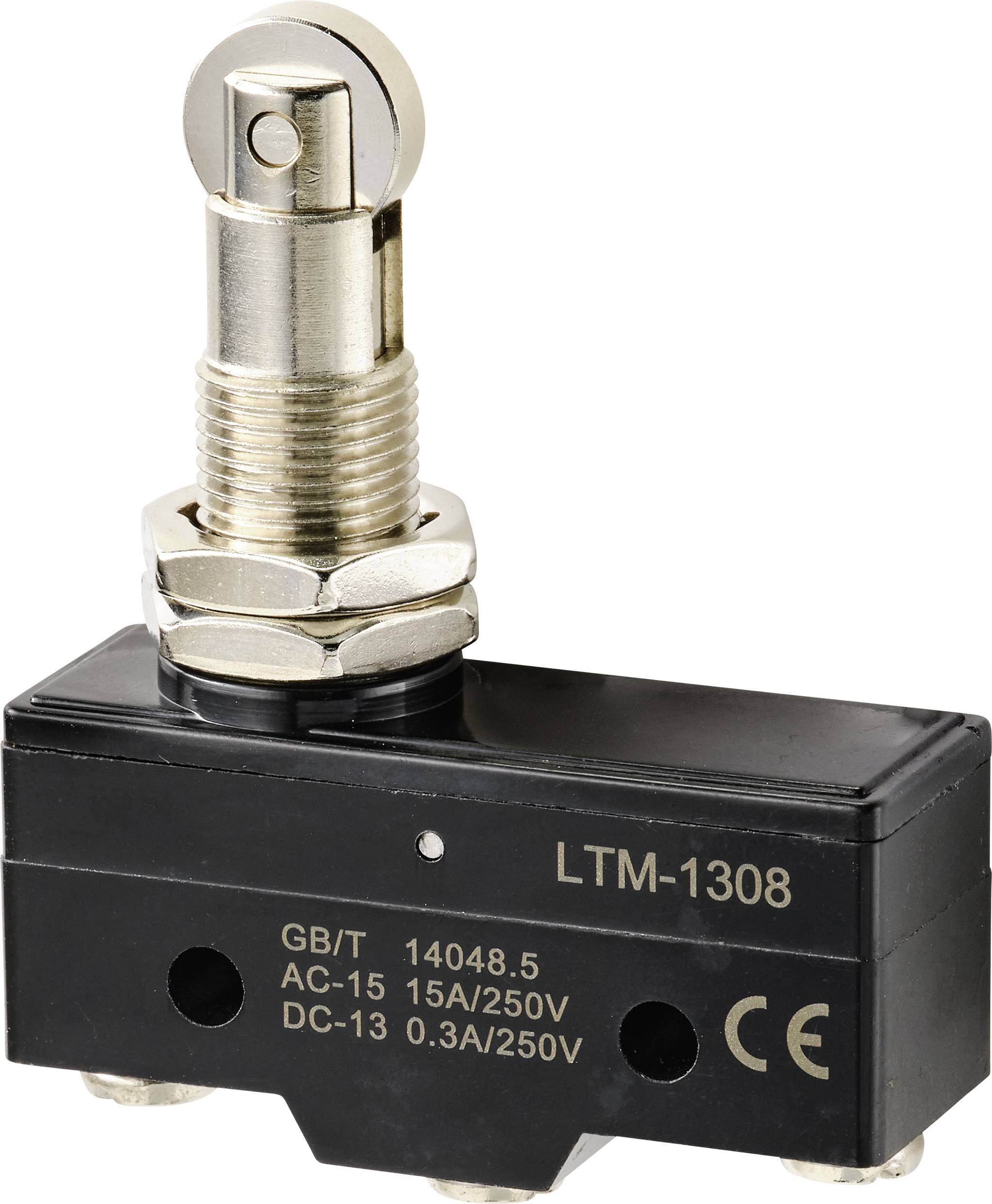 Metal switch with lever arm and silver casing, Model LTM-1308, specified for 15A/250V AC and 0.3A/250V DC.