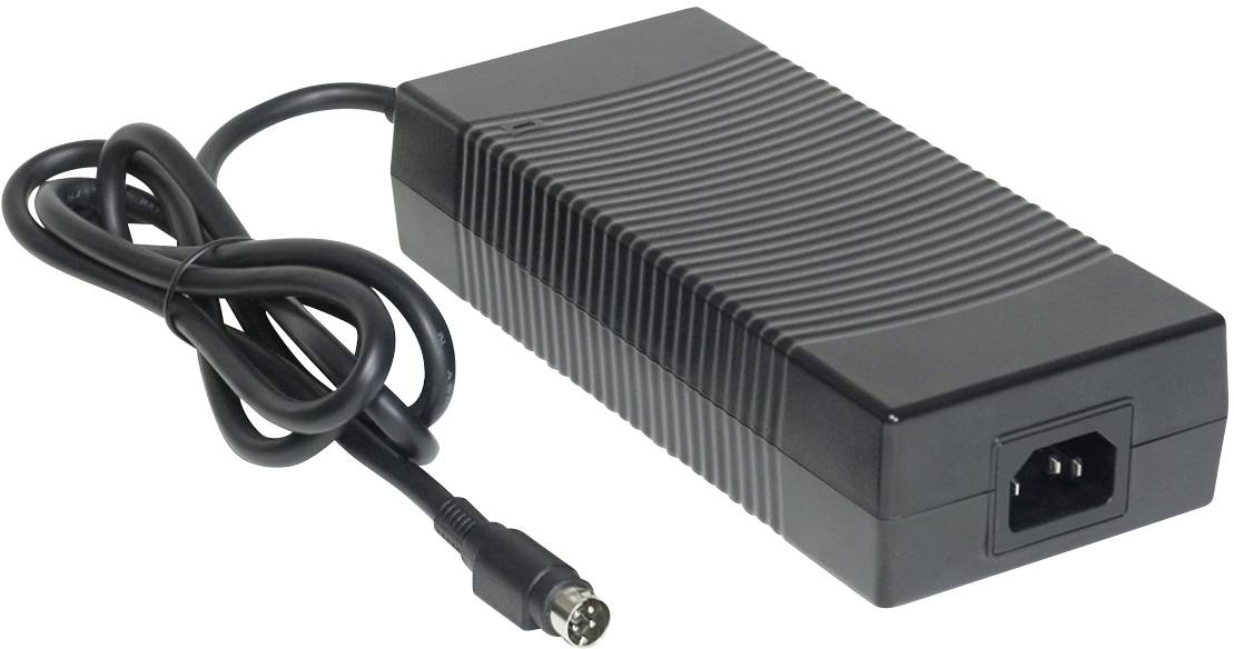 Black power supply with cable and four-pin plug on the left side, rectangular shape with grooves on the top surface.