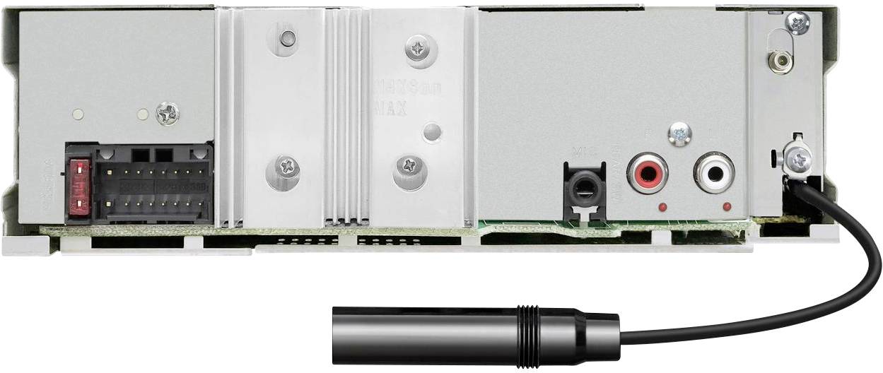 A grey electronic device with connection sockets and a black cable hanging out on the right-hand side.