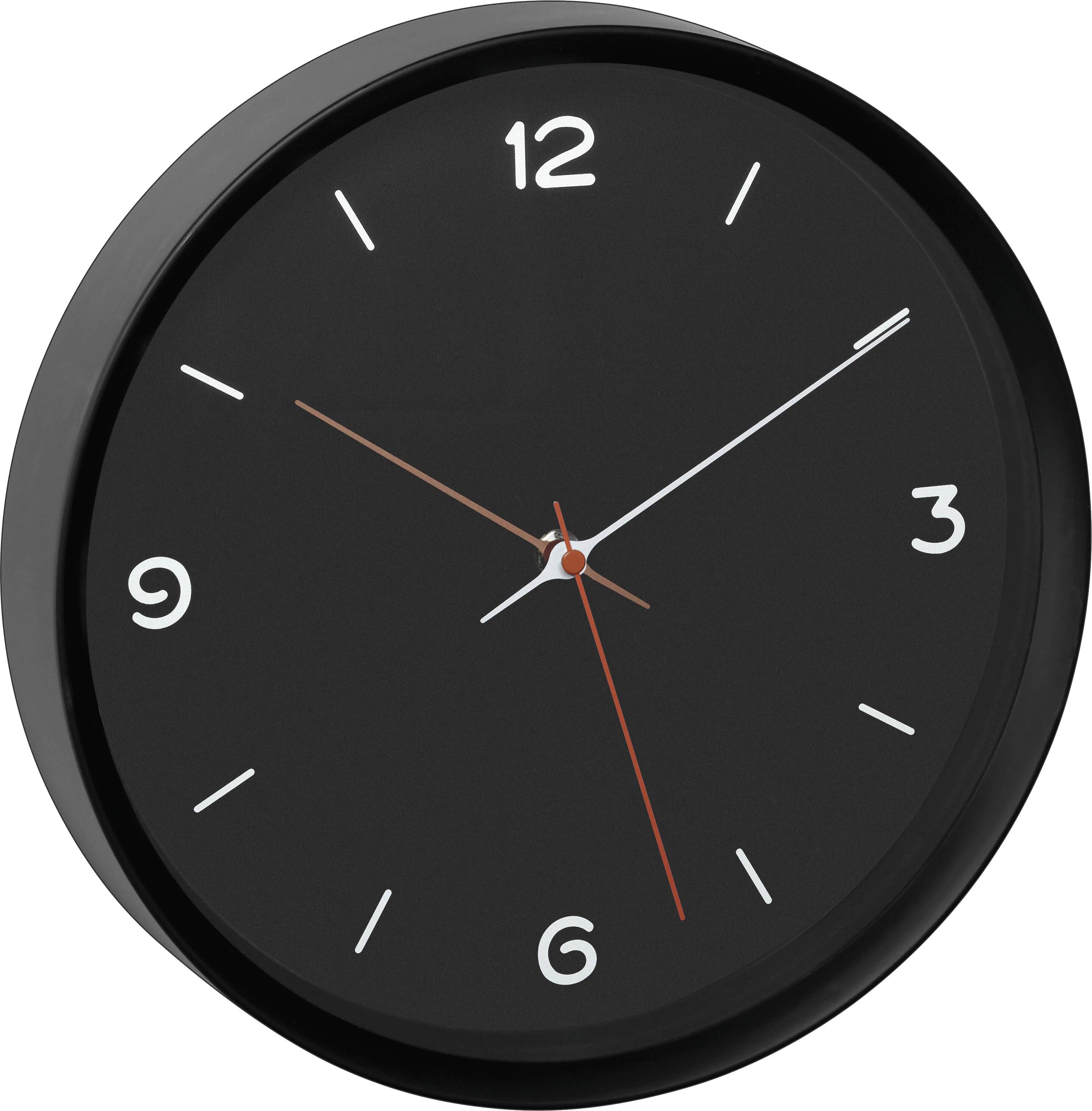 A round, black wall clock with white numerals at 12, 3, 6 and 9, and red hour and minute hands.
