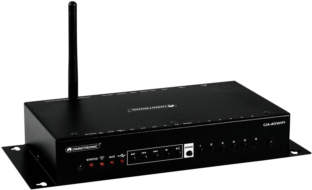 Black Omnitronic CA-4/WIFI enclosure with antenna, status LEDs and mode buttons; used for Wi-Fi audio control.