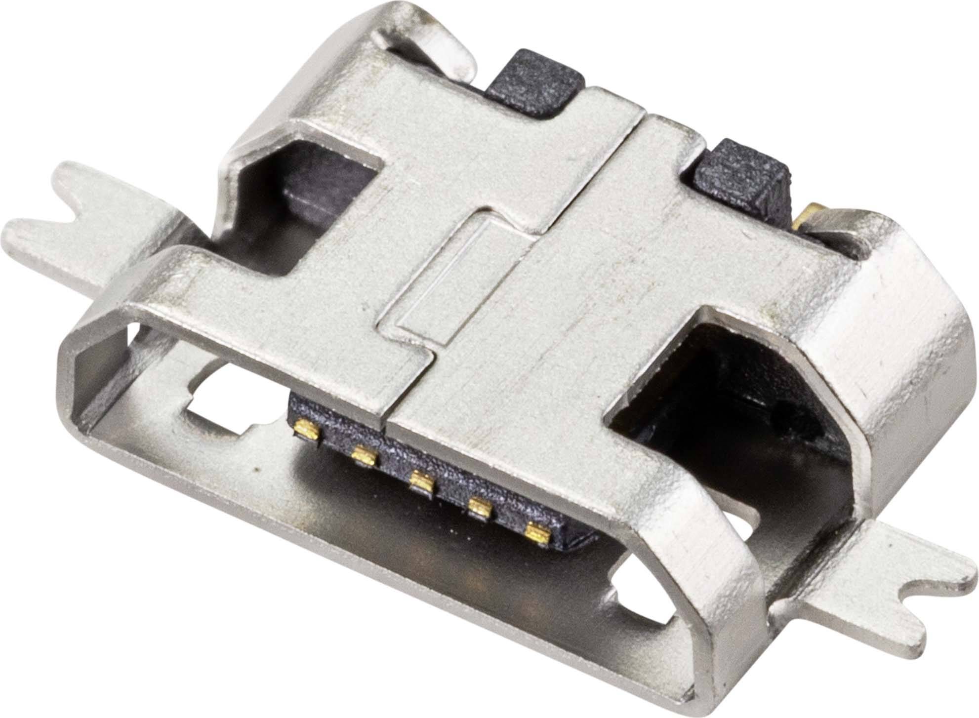 A small metallic connector, likely a USB-C port, with several golden contacts and two mounting tabs.