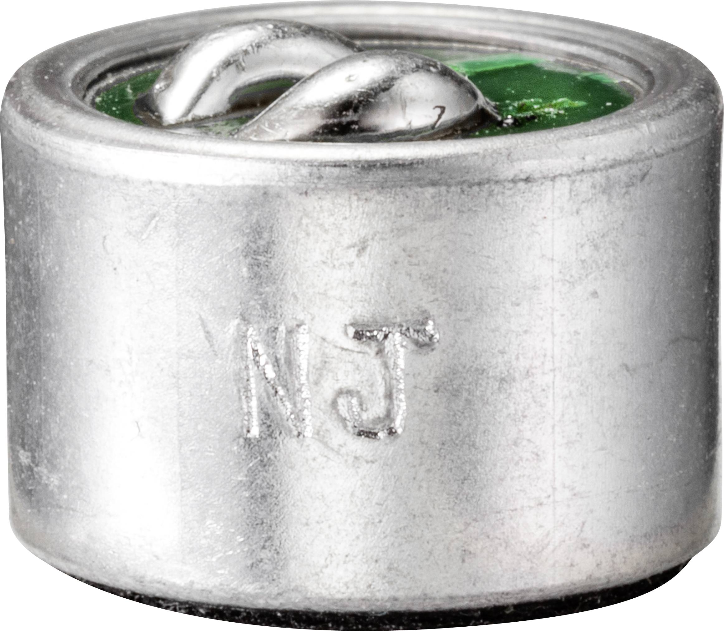 Cylindrical, metallic component with the imprint 'NJ'. Top surface shows a green area with two protruding metal contacts.