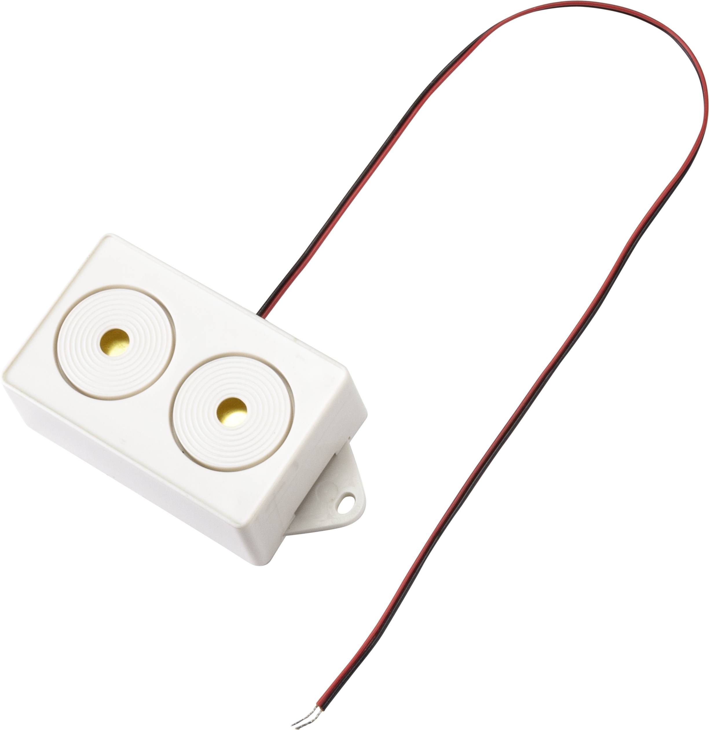 A white, rectangular ultrasound sensor with two round sensor openings and a black and red connection cable.