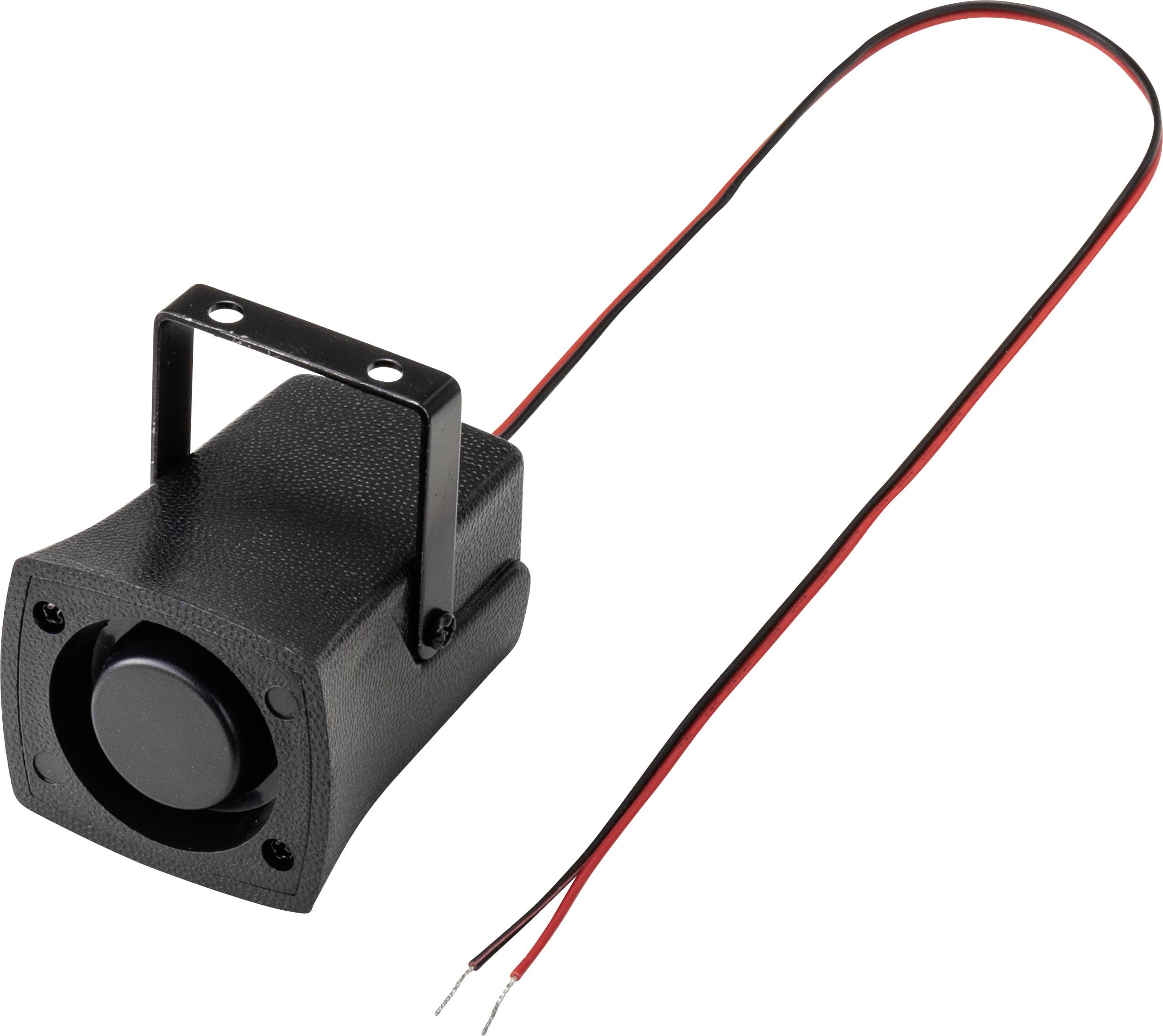 Black electric buzzer with two red and black wires, suitable for acoustic alarm systems.