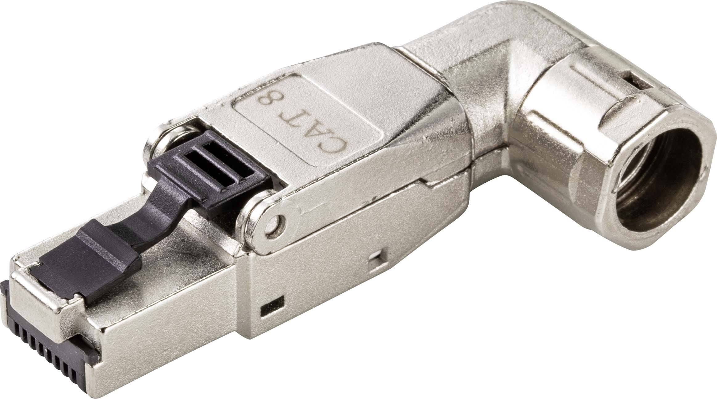 A CAT 8 Ethernet plug with an angled metal housing to facilitate cable routing in confined spaces.
