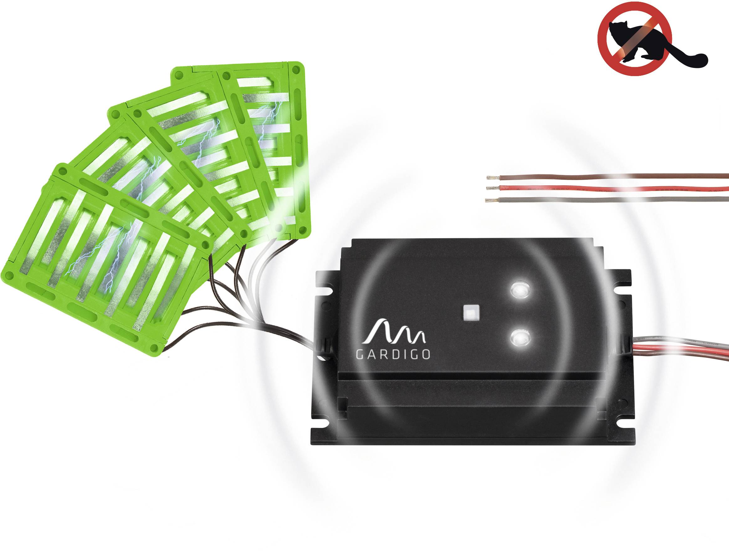 Electronic rodent deterrent device with green circuit board holder and cables. Top right, symbol of a 'Crossed-out Rat'; indicates defensive function.