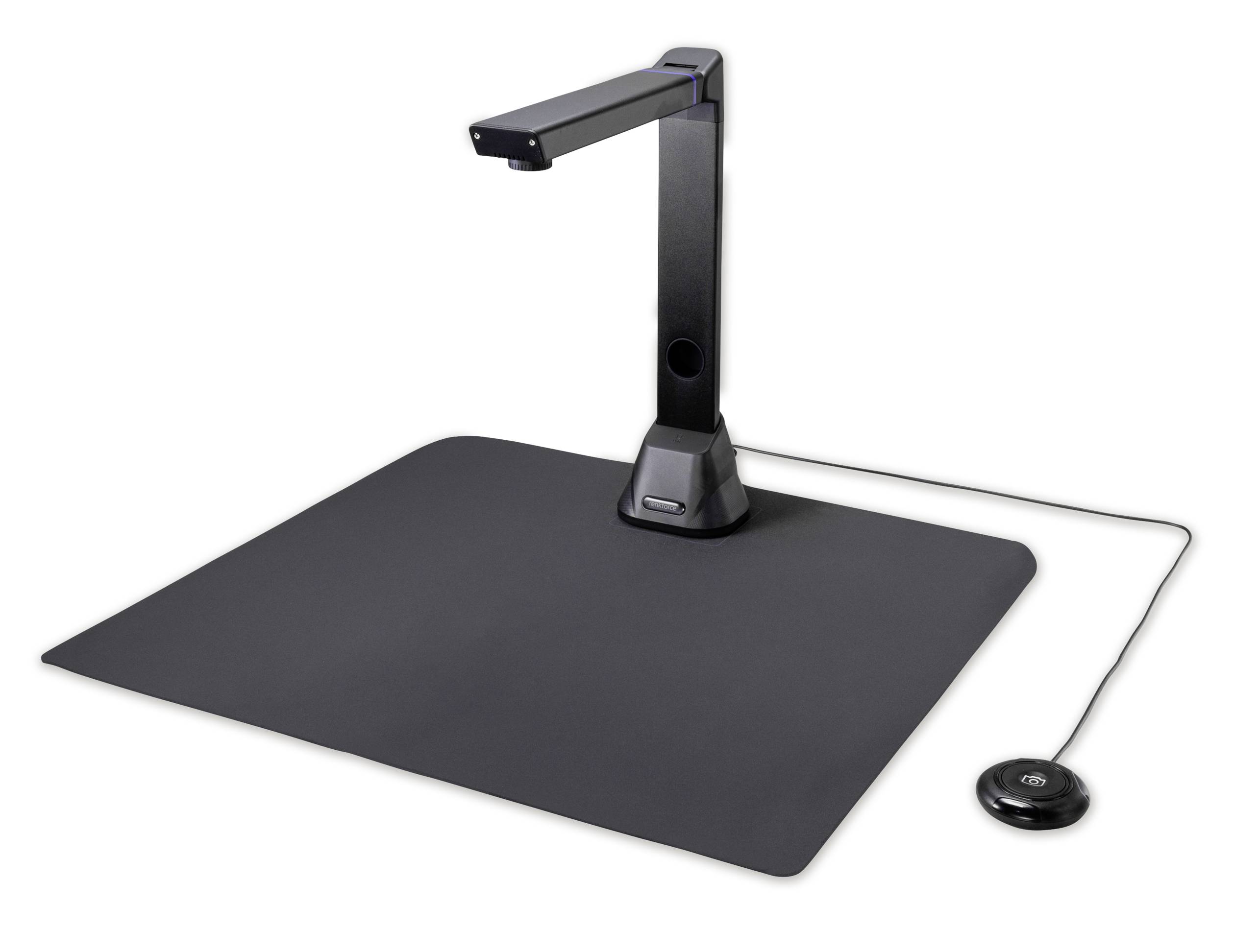 A portable document scanner with a folding arm on a black mat. A round trigger is connected by a cable.