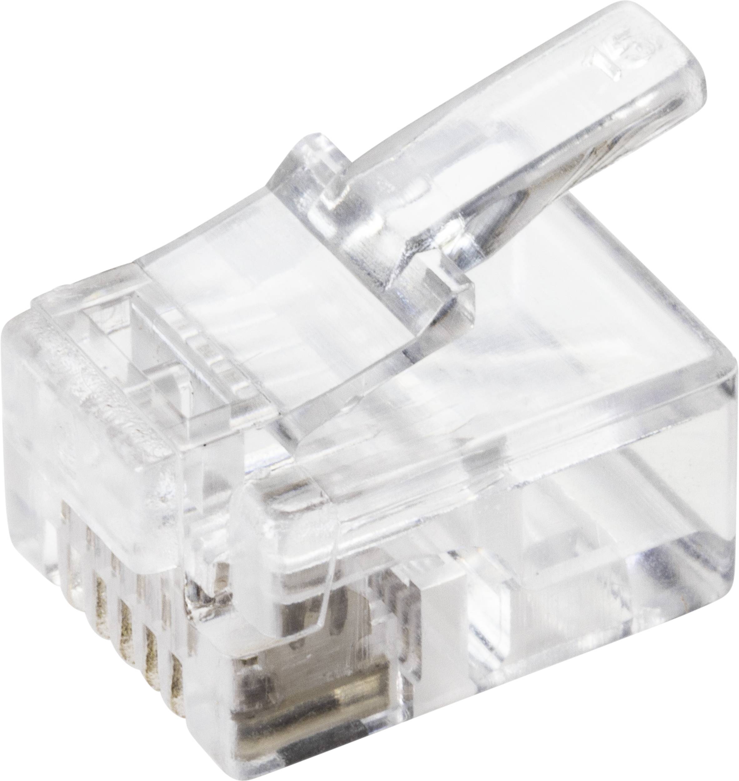 A transparent RJ45 plug with eight pins, commonly used for Ethernet network cable connections in computer networks.