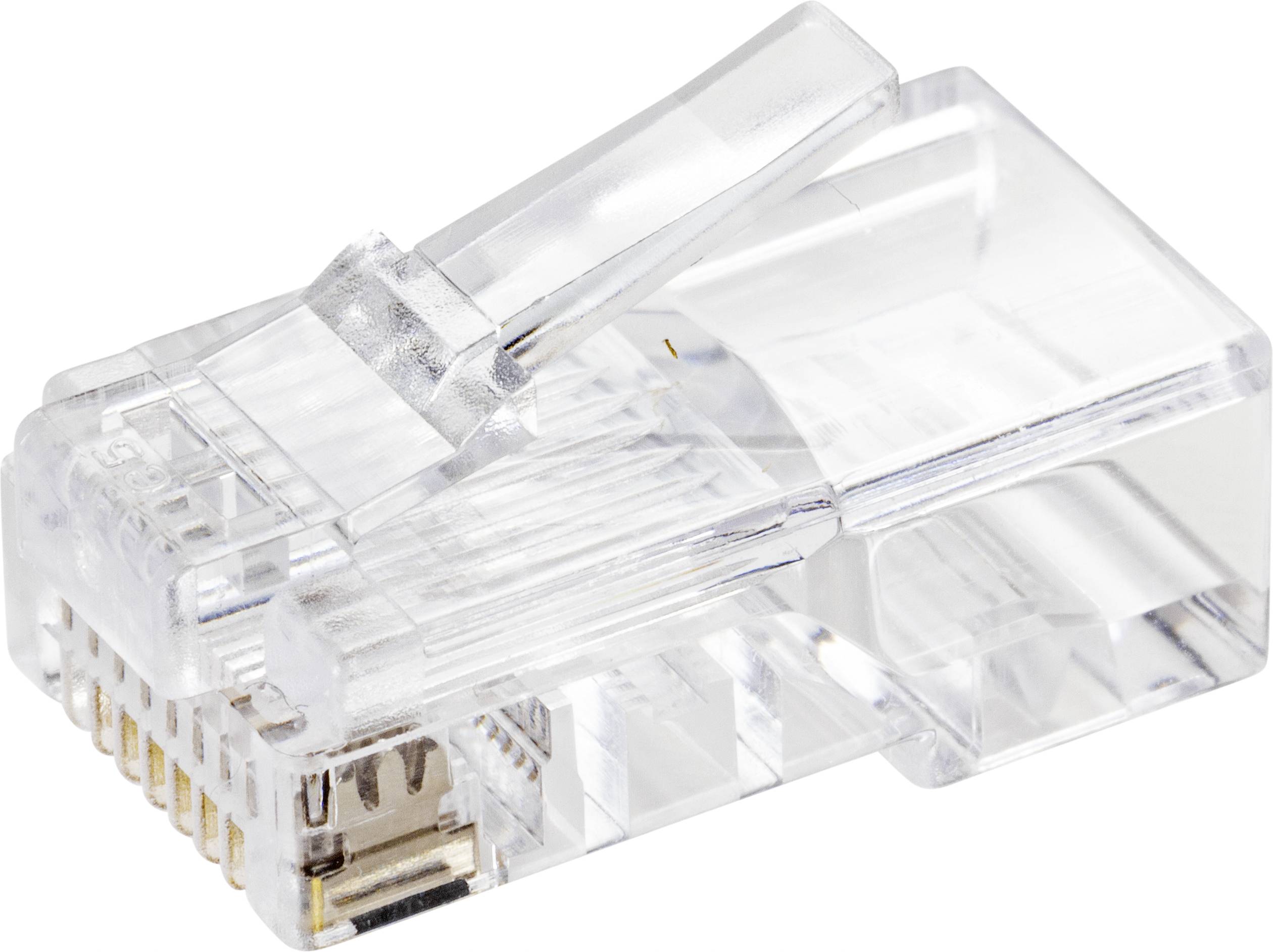 A transparent RJ45 plug, used for network connections, shows the metal contacts and plastic casing.