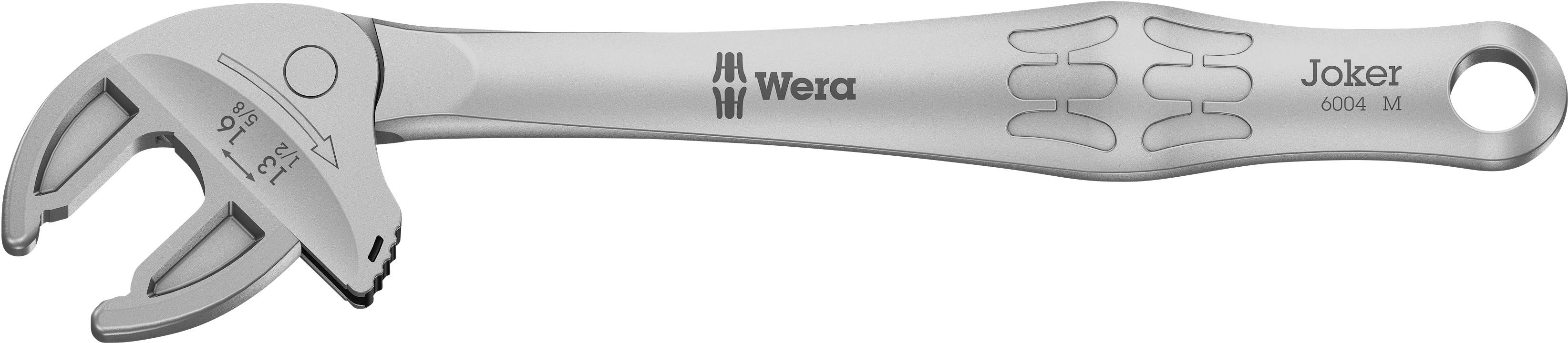 Silver adjustable spanner by Wera, Joker 6004 M model, with open jaw and ergonomic handle.