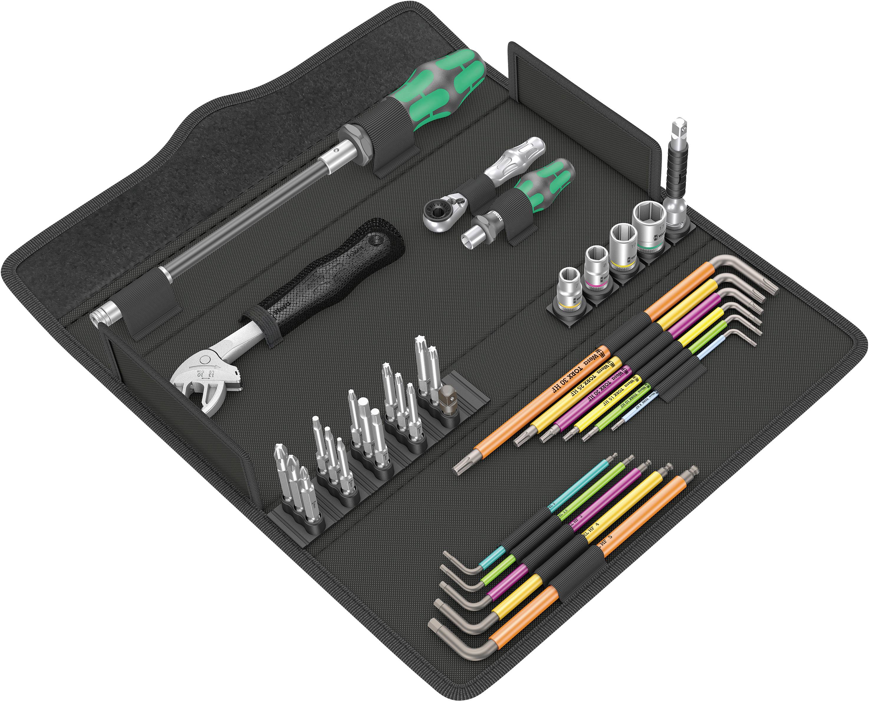 A tool set in an open bag, containing screwdrivers, socket wrenches, bits and colourful Allen keys, neatly arranged.