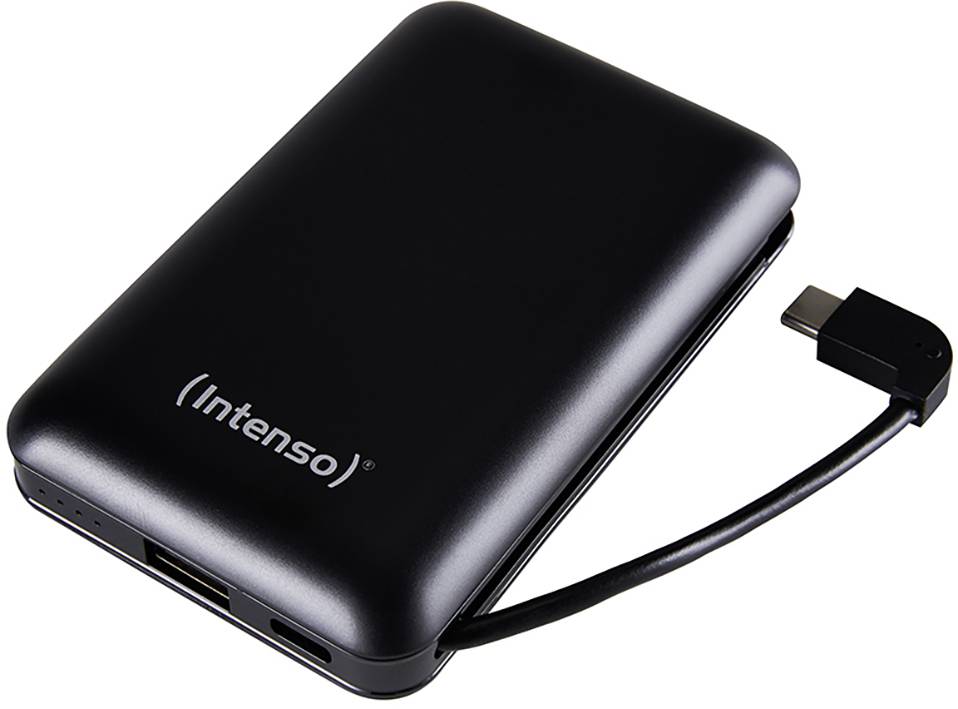 External hard drive with black casing, USB cable connected. 'Intenso' marking visible. Portable storage device.