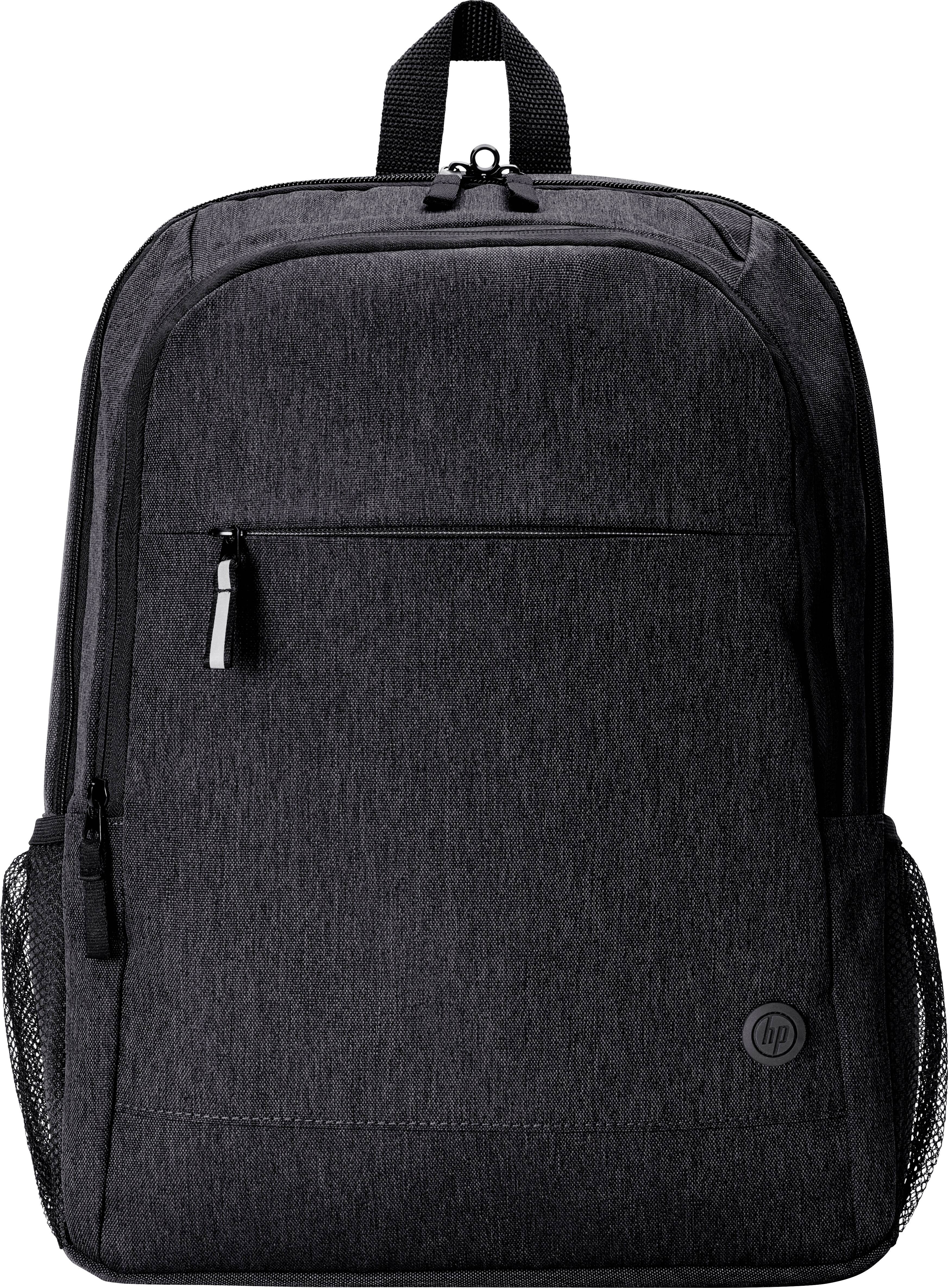 A black rucksack with a main compartment, front zip pocket and side mesh pockets. Ideal for school or work.
