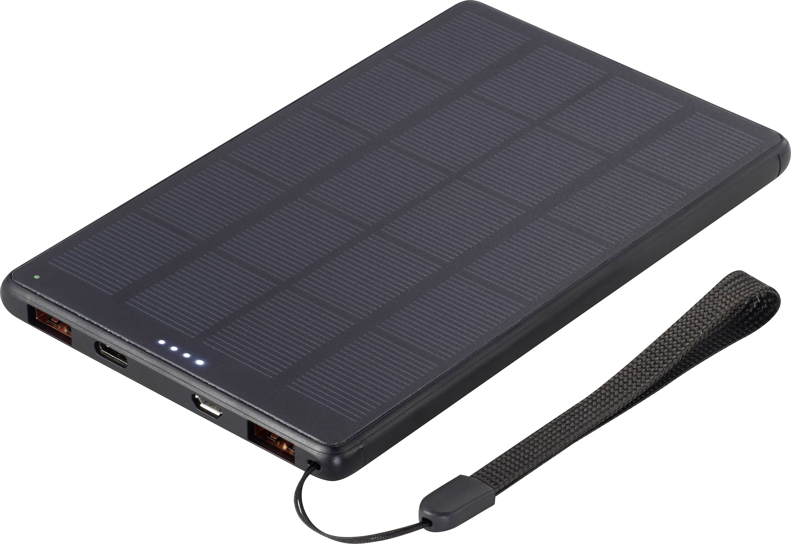 Black solar charger with USB ports and carry loop, suitable for mobile device charging via solar energy.