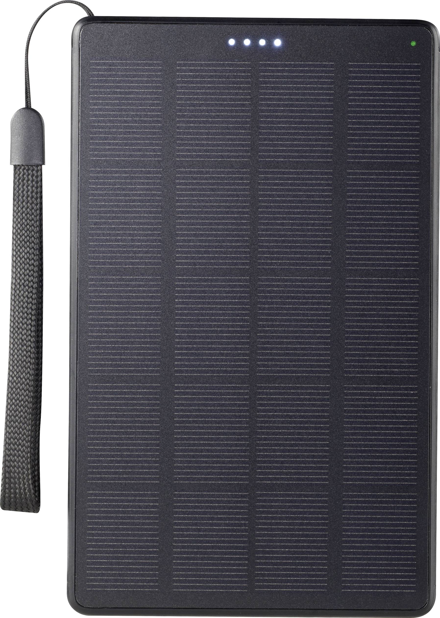 Portable black solar power bank with LED indicators on top, showing the charging status. It has a convenient hand strap on the left.