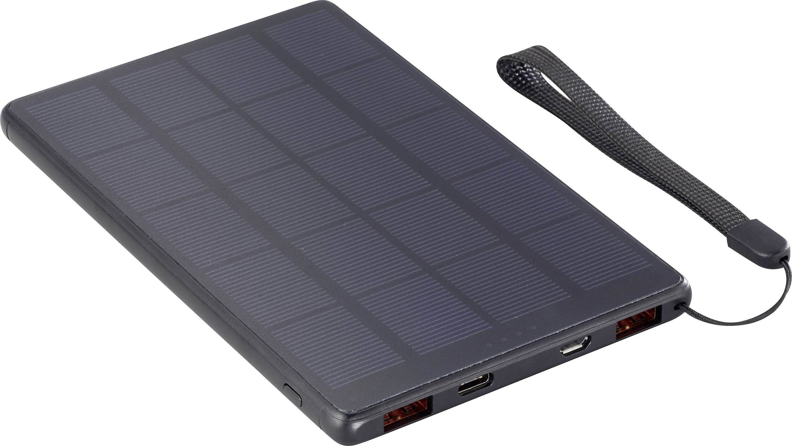 Portable solar charger with two USB ports and a black wrist strap. Suitable for charging devices on the go.
