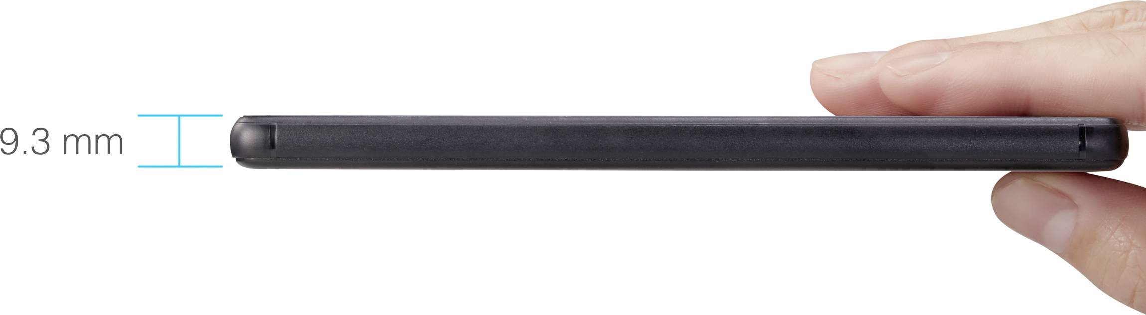 A smartphone is held sideways to show its thickness of 9.3 mm.