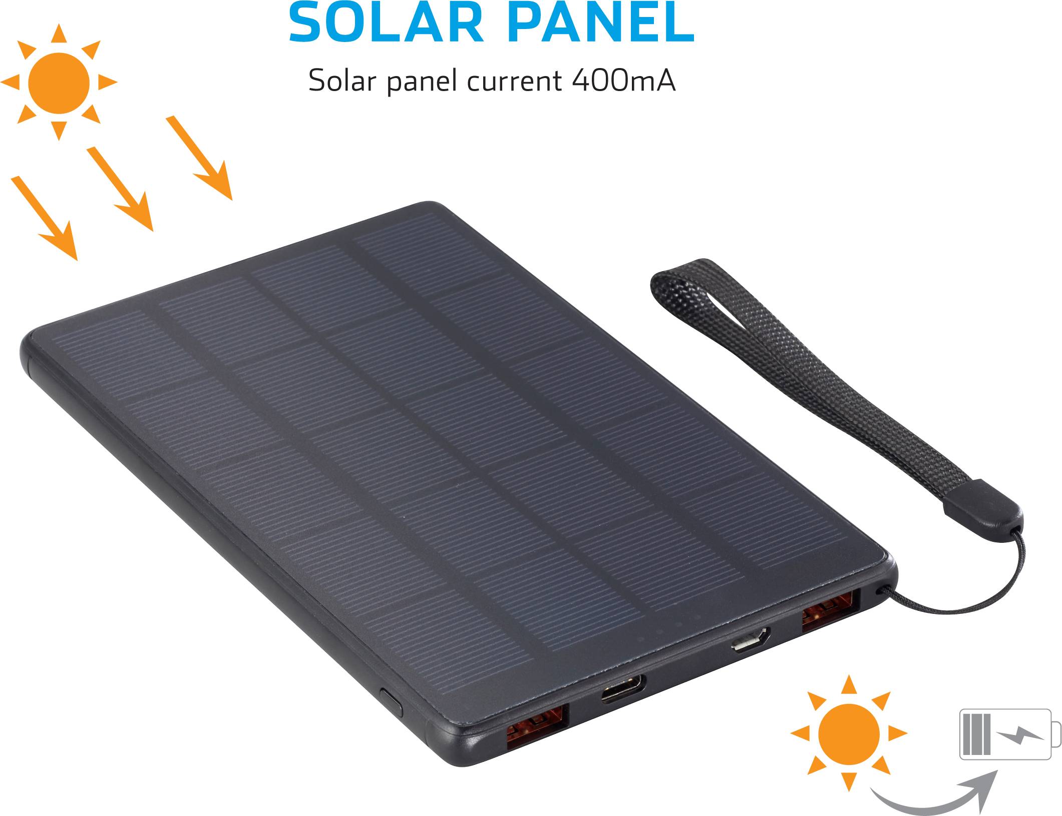 Portable solar panel with a current of 400mA and two charging ports. Arrows indicate solar energy on the panel.