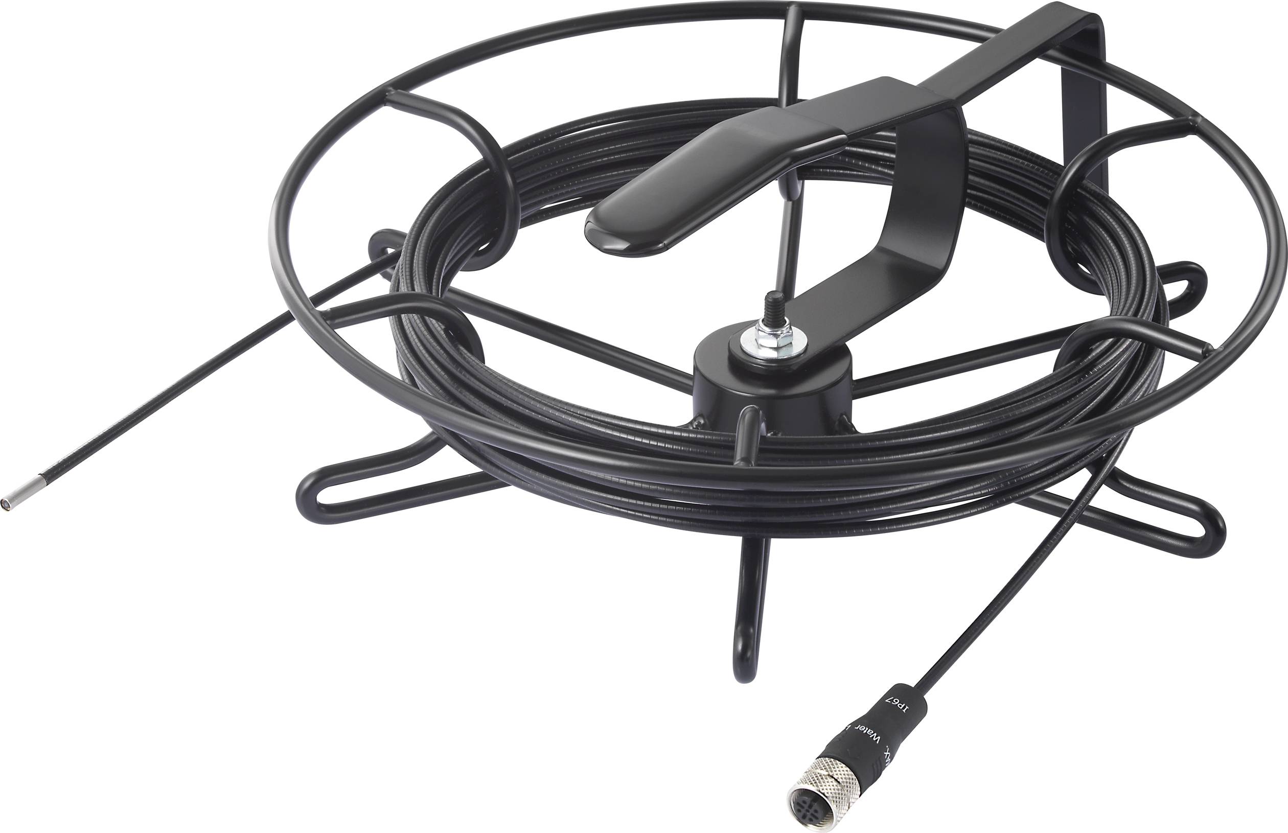 Metal cable reel with a black cable wound around it. Suitable for neat storage and organisation of cables.