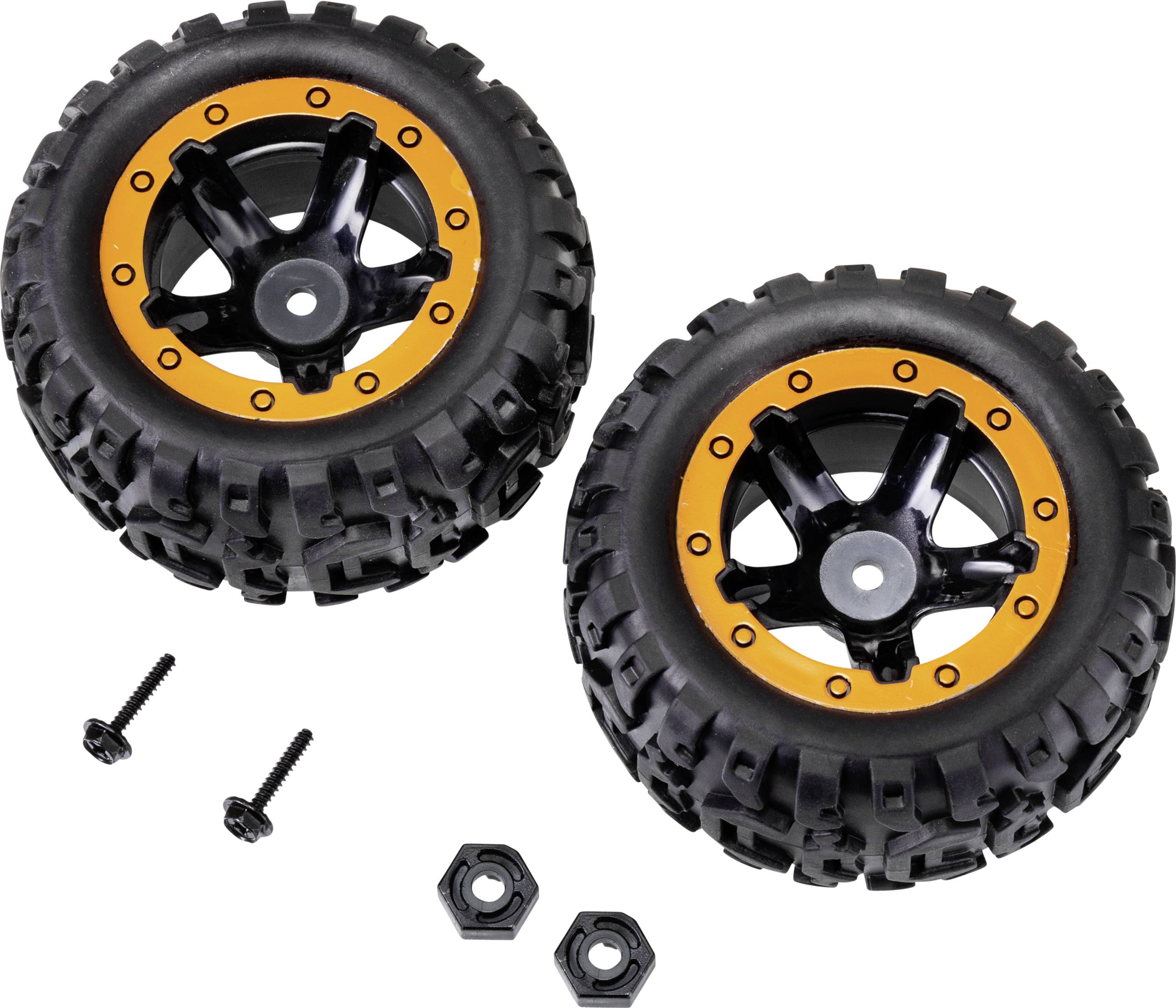 Two black wheels with an orange ring and coarse tread, accompanied by two screws and two nuts. Suitable for toy vehicles.