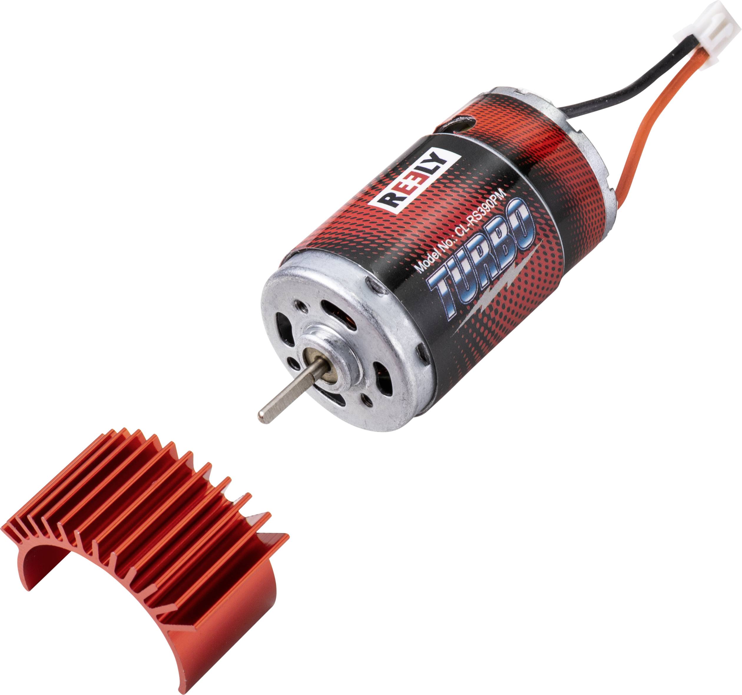 A red electric motor with 'Turbo' printed on it and a red cooling component. The motor has connection cables and a round metal axle.
