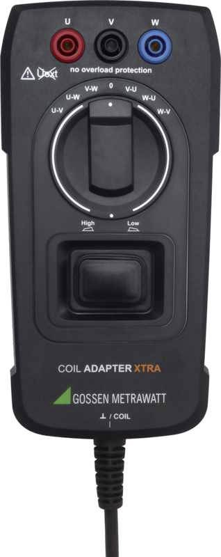 A black electric adapter with colour-coded terminals (U, V, W) for measurement purposes, brand 'Gossen Metrawatt'.
