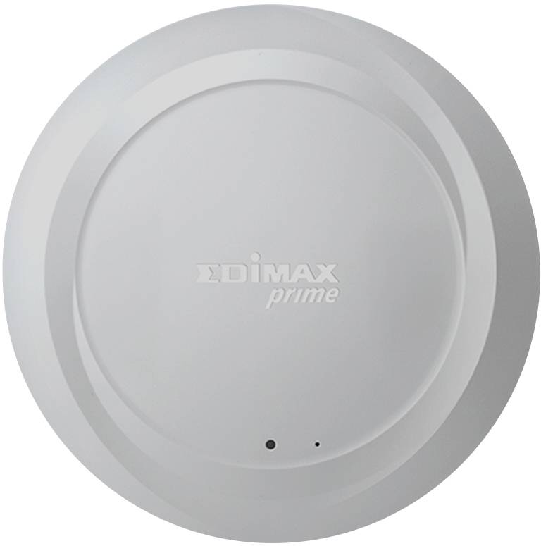 Round, white electronic device with the inscription 'EDIMAX prime' in the centre.