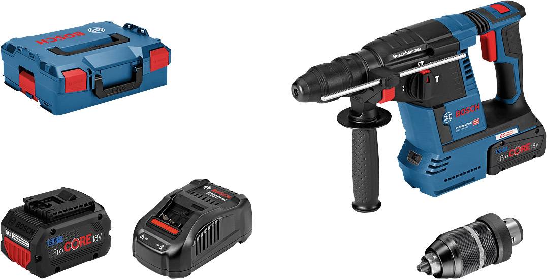 Hammer drill set with accessories: Machine, battery, charger, chuck and transport case. Brand name visible on tool and case.