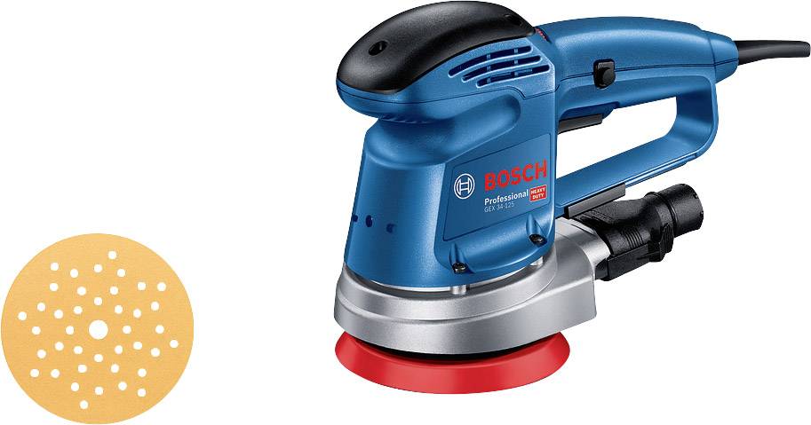 Bosch Professional orbital sander in blue with a sanding disc beside it. Suitable for smooth surface finishing.