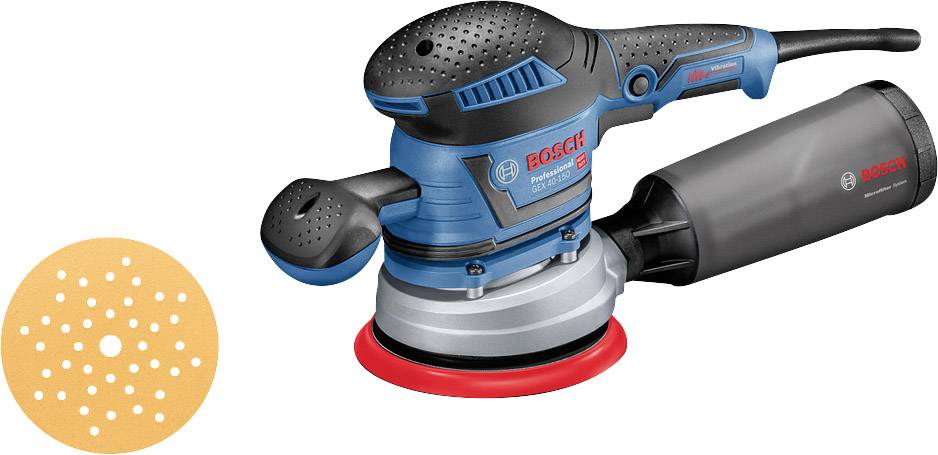 Bosch orbital sander next to a matching sanding paper. Ideal for precise grinding and polishing of surfaces.