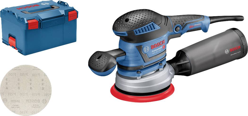 Bosch orbital sander with dust container, blue case and sanding disc.