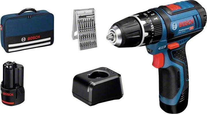 Cordless drill set with drill machine, charger, battery, bit set and carry case. 'Bosch' branding visible on all components.