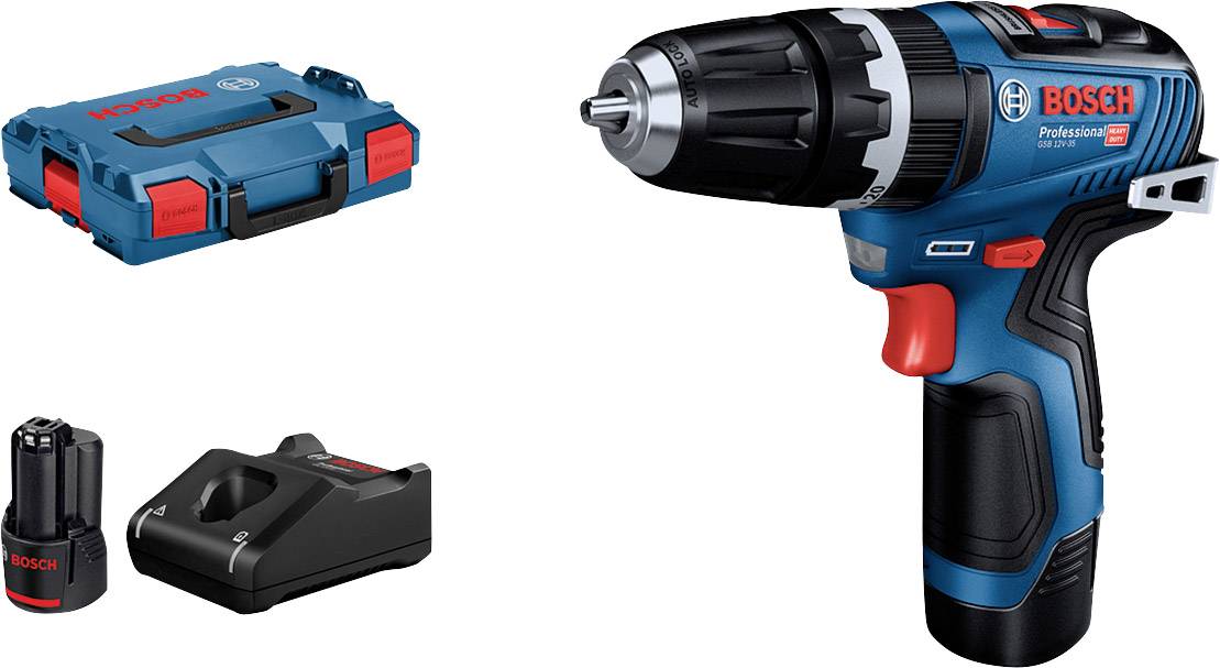 Cordless drill set with drill machine, charger, battery and carry case.