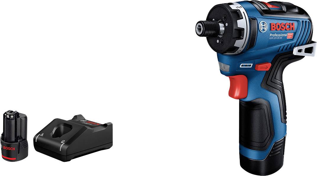 Cordless screwdriver with charger and battery from Bosch, blue with red accents, for professional applications in home and craft environments.