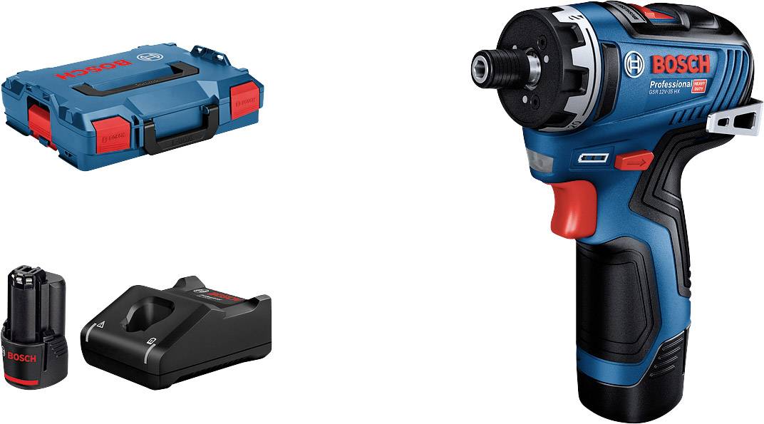 Cordless Drill Set: Bosch Professional cordless drill with blue and black casing, charger, battery, and a blue carry case.