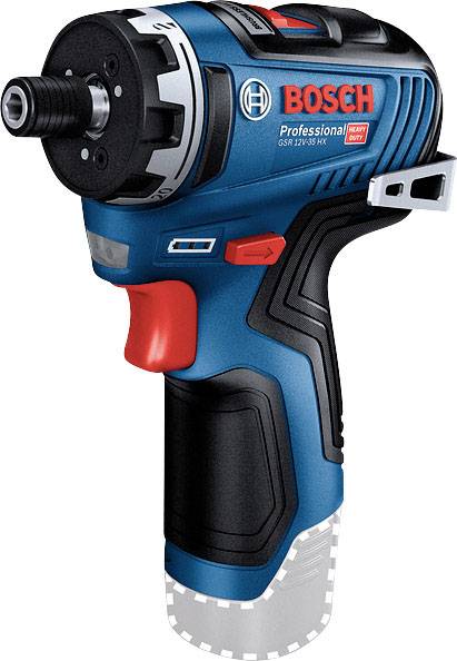 A blue Bosch Professional cordless screwdriver with a red button, without a battery inserted, lies diagonally; model inscription 'GSR 12V-35 HX'.