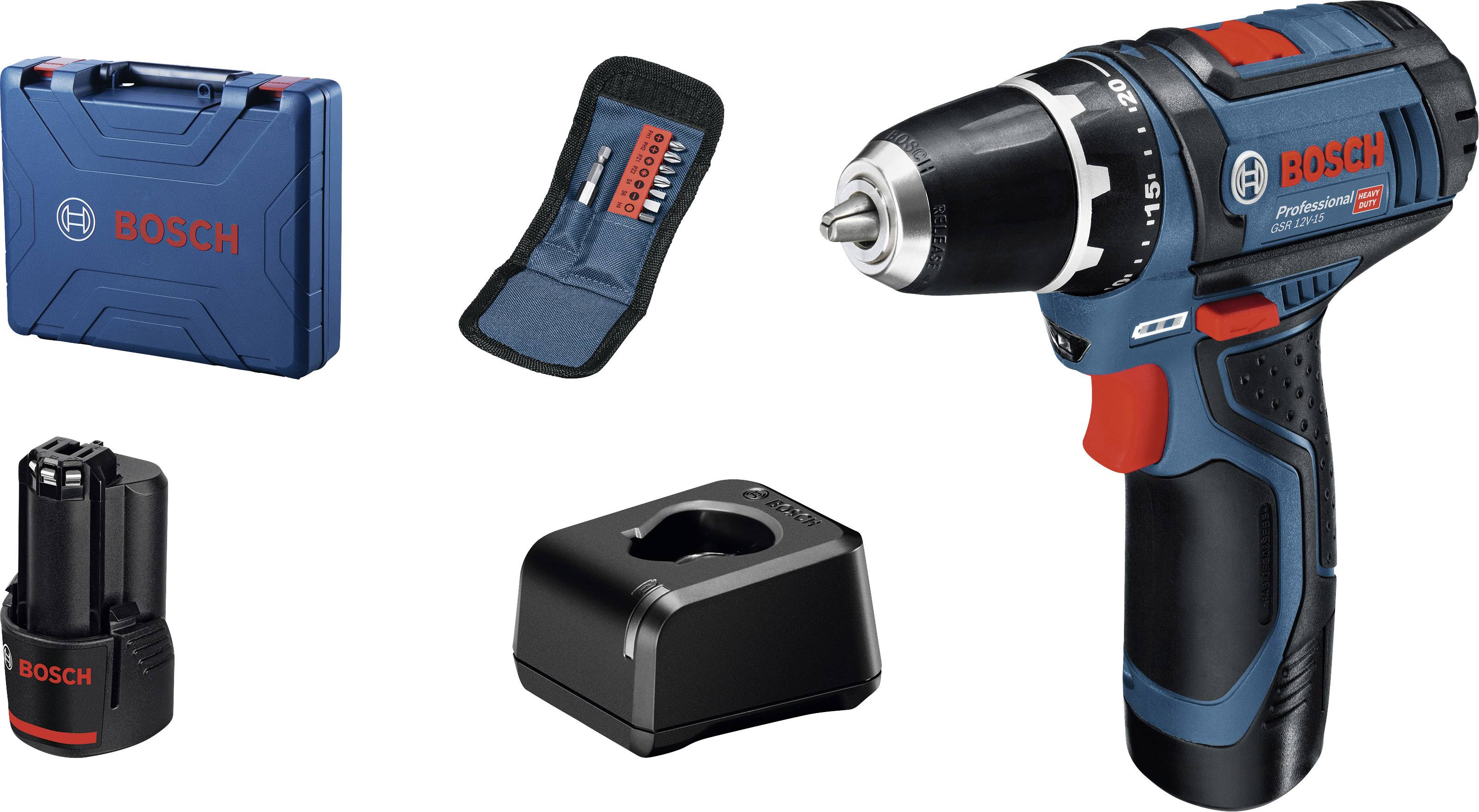 Cordless drill set with drill, charger, battery, bit holder, Bosch logo, in blue and black colourway on a white background.