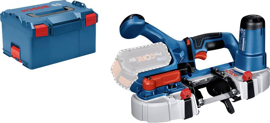 Cordless band saw in blue with a red handle and control panel. Alongside it, a matching carry case. Brand logo clearly visible on both items.