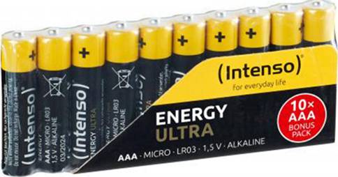 Pack of 'Intenso Energy Ultra' Batteries, 10 AAA Alkaline Batteries, yellow-black design, Note: 1.5V, Bonus pack.