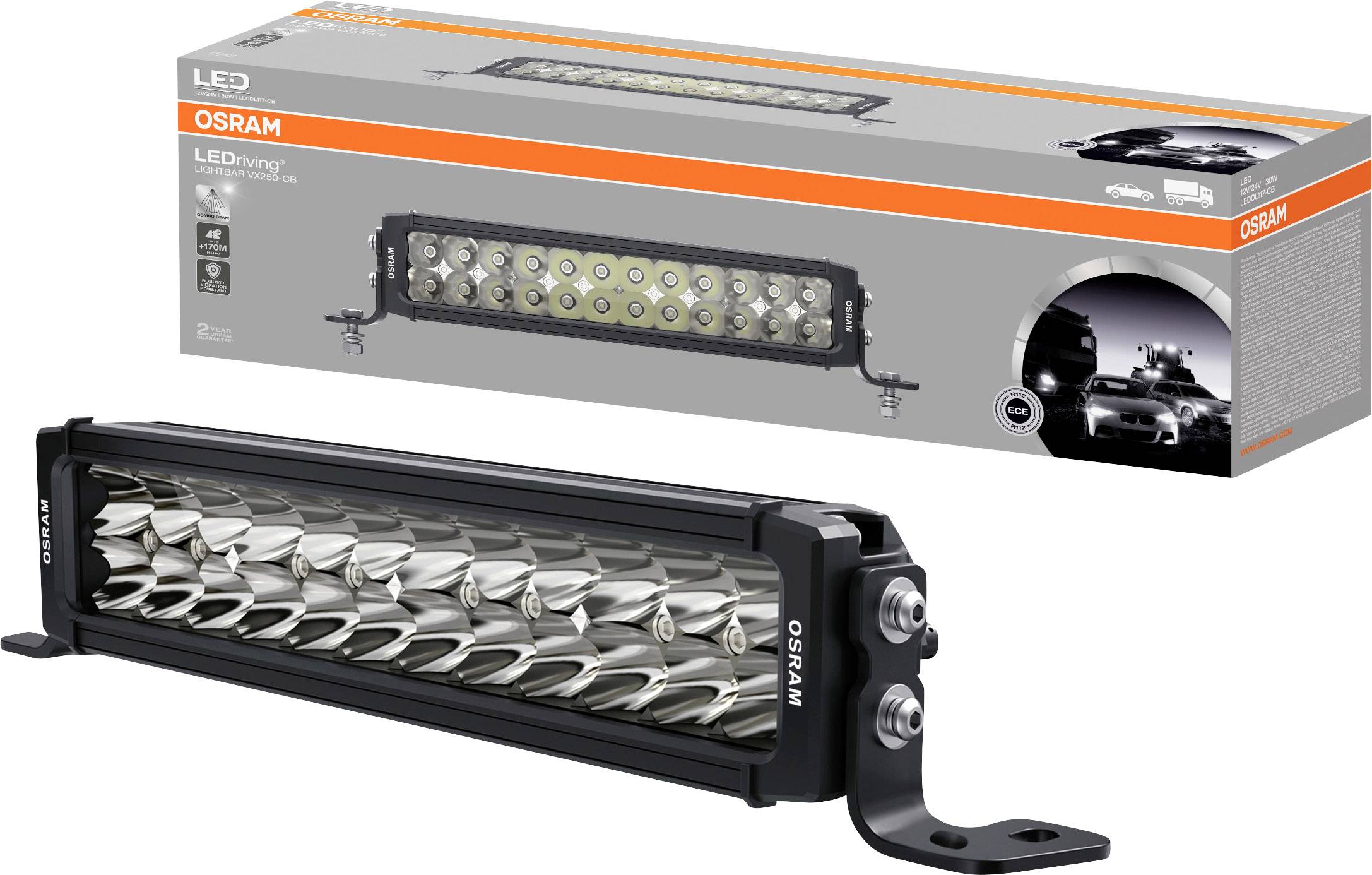 LED light bar by OSRAM with 12 LEDs in a black mounting bracket. The packaging with product images is visible in the background.