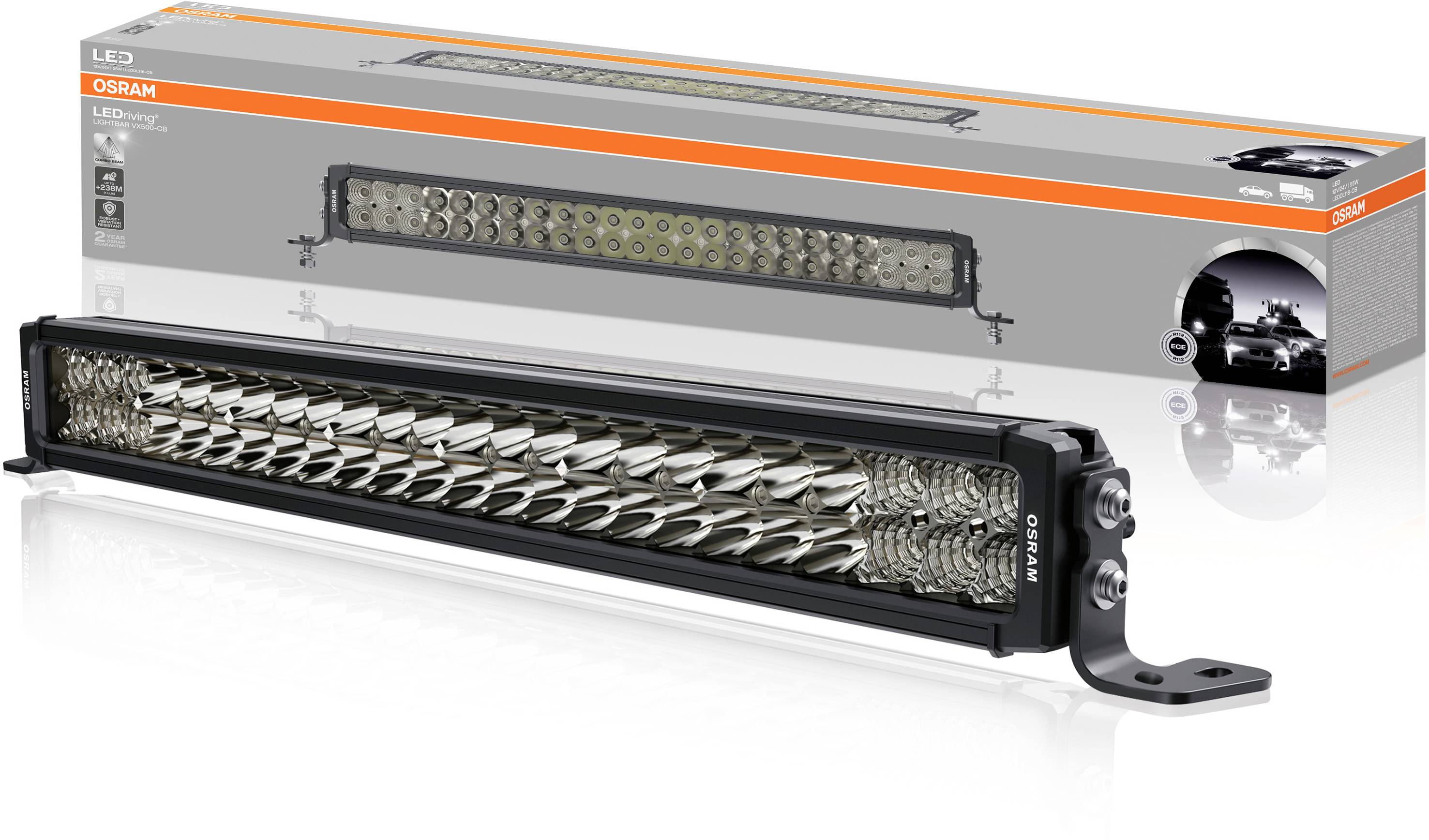 LED light bar in front of packaging, showing the internal LED pattern. Packaging contains brand information and product details.